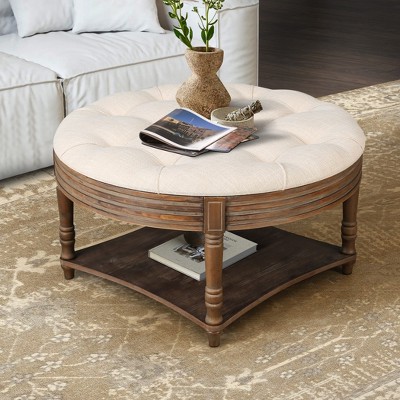 Large Round Waterproof Ottoman Coffee Table & Footstool, 2-Tier Tufted Storage, Farmhouse Upholstered Linen with Wooden Shelf for Living Room