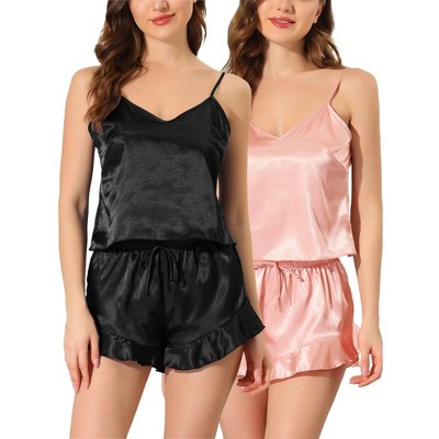cheibear Women's 2 Packs Satin Spaghetti Cami Tops Shorts Sleepwear Lounge Sets