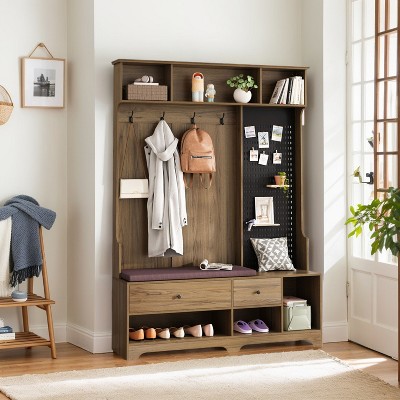 ORRD White Hall Tree with Cushioned Bench, Coat Rack, Storage Shelves & DIY Pegboard, Multi-Purpose Entryway Organizer
