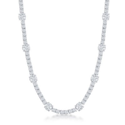 Bella Silver Sterling Silver,  3mm and 6mm Round CZ, Tennis Necklace - Silver - 17 Inch