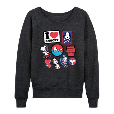 Women's - Peanuts - I Heart Snoopy Patches Lightweight French Terry Wide Neck Long Sleeve Graphic Shirt