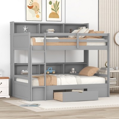 Twin Size Bunk Bed with Built-in Shelves and Storage Drawer