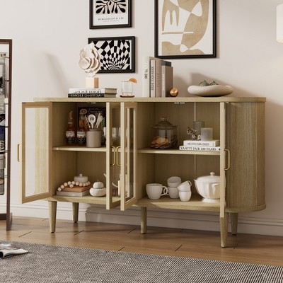 MAYEERTY Sideboard Storage Cabinst Wood with Glass Doors Adjustable Shelves for Living Room Kitchen Natural