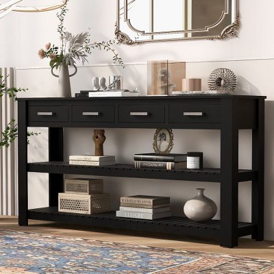 PAGED Vintage Console Table with 4 Drawers and 2 Shelves, Wood Entryway Table with Aluminum Handles, Minimalist Narrow Entryway Sofa Table