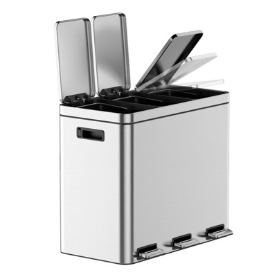 Dual Compartment Stainless Steel Trash Can with Soft-Close Lid - Hands-Free Foot Pedal Operated Kitchen Waste Bin