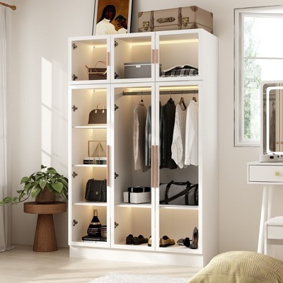 FUFU&GAGA Wardrobe Display Cabinet Armoire with LED Lights and Glass Doors
