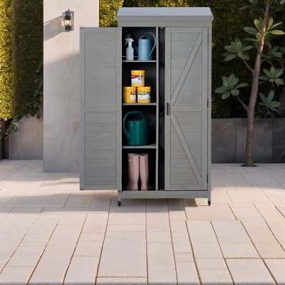 ORRD Outdoor Wooden Storage Shed with Metal Top, Tall Vertical Tool Cabinet for Garden & Patio
