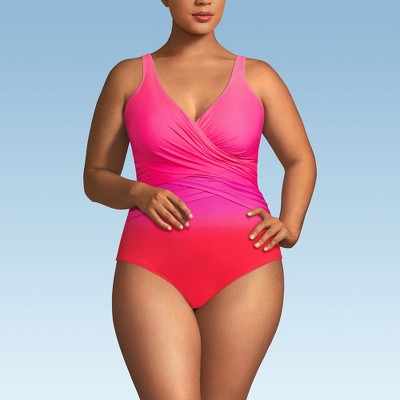 Lands' End Women's Plus Size DD-Cup Slender Tummy Control Chlorine Resistant Wrap One Piece Swimsuit