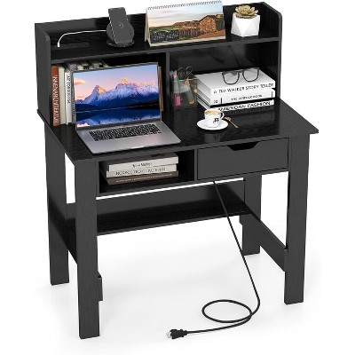 Costway Computer Desk with Power Outlets and USB Ports & Type-C Hutch Open Shelf Drawer Black/White