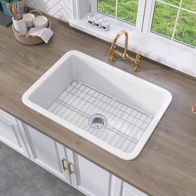 27 in. Drop In Sink White Single Bowl Kitchen Sink Fireclay Farmhouse Sink with Basin Rack Undermount Kitchen Sink
