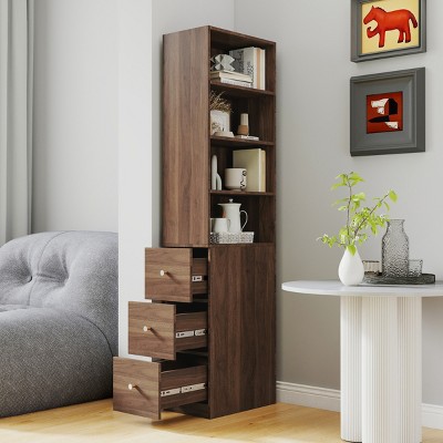Tall Display Cabinet with Open Shelves and Side Drawers, Modern Organizer for Small Spaces in Living Room or Office-3irtyhousy