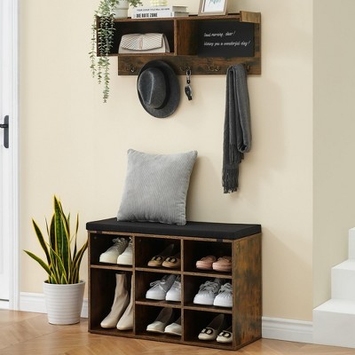 GustoWave Hall Tree Shoe Bench Industrial 6 in 1 Coat/Shoe Rack with 5 Hooks, 9 Storage Cubbies with Bookshelf and Small Blackboard, for Entryway