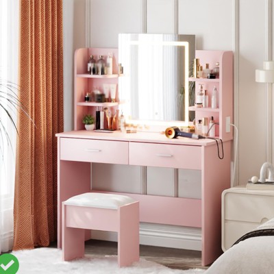 Makeup Vanity Desk with Lighted Mirror& Stool Vanity Table & Chair Set with 2 Storage Drawer 4 Shelves
