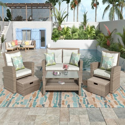 4-Piece Outdoor Patio Furniture Set, PE Rattan Wicker Conversation Set with Loveseat, Chairs & Glass-Top Coffee Table - ModernLuxe