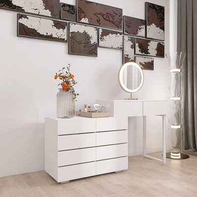 Okak Modern Vanity Desk Extended Desktop, Dresser Cabinet, Makeup Vanity with Drawers without Mirror for Bedroom,Makeup Room, White