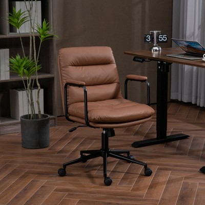 SKRAN Leather Computer Rolling Swivel Chair, Mid Back Home Office Desk Task Chair Tiltable 40° Backrest with Padded Armrest for Office Home
