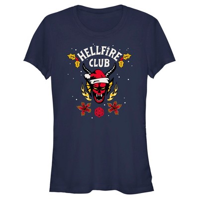 Juniors Womens Stranger Things Christmas Hellfire Club Logo T-Shirt