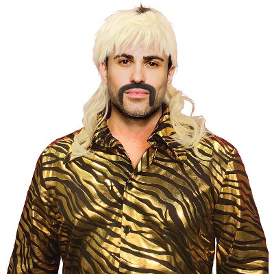 Seeing Red King of Tigers Cosplay Wig | Blonde Mullet Wig and False Mustache Costume Set