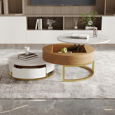 3 in 1 Lift Top Nesting Coffee Table with Storage,31.5" Round Marble Nesting Coffee Table with Linen Ottoman,Center Coffee Table Set