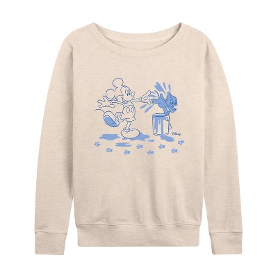 Women's - Disney - Mickey Mouse and Puppy Lightweight French Terry Wide Neck Long Sleeve Graphic Shirt