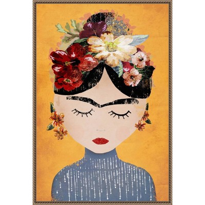 23"x33" Frida (Yellow Version) by Treechild Framed Canvas Wall Art Print Bronze - Amanti Art: Modern Style, Polystyrene Frame, Botanical Theme