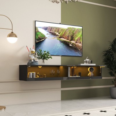 Kumasinova 70.8" Modern Floating TV Console for TV up to 80",Wall Mounted MDF TV Stand with LED Lights&Charging Station for Living Room