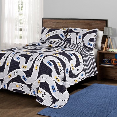 2pc Twin Kids' Car Tracks Reversible Quilt Set Navy - Lush Décor: Race Car Bedding, Modern Vehicle Theme, OEKO-TEX Certified
