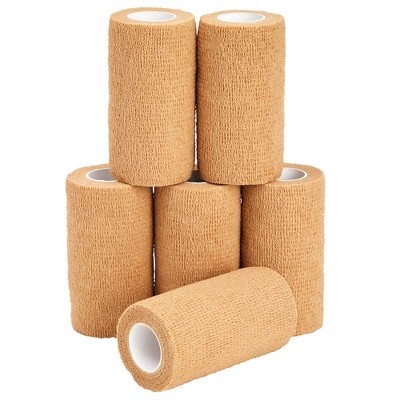 Juvale 6-Rolls Self Adhesive Bandage Wrap, Vet Tape - 4 In x 5 Yds Elastic Cohesive Wrap Tape for Injuries, Athletics (Tan)