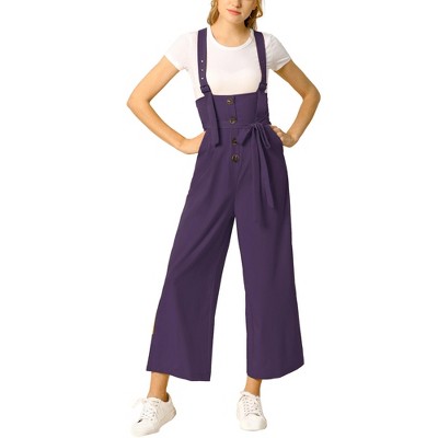 Allegra K Women's High Waist Wide Leg Belted Button Long Overalls Jumpsuit