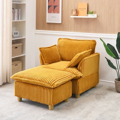 NicBex Modern 39 Inch Accent Chair and Ottoman Sets, Corduroy Fabric Sofa Chair with Cup Holder and 2 Pillows for Bedroom, Living Room