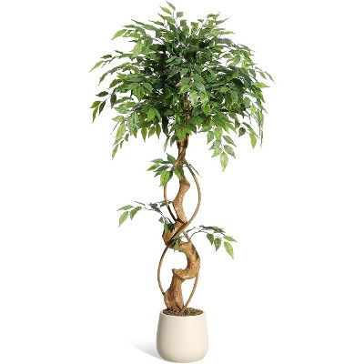 Artificial Ficus Tree with Curved Trunks, Fake Plant Lifelike  Lush Faux Silk Trees with White Planter for Indoor Outdoor Home Decor