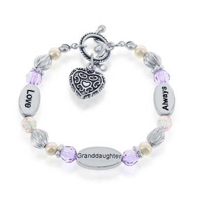 Bella Silver Silvertone 6.5" Love, Granddaughter, Always' w/ Purple Crystal & White Pearl Beads Bracel - Purple - 6.5 Inch