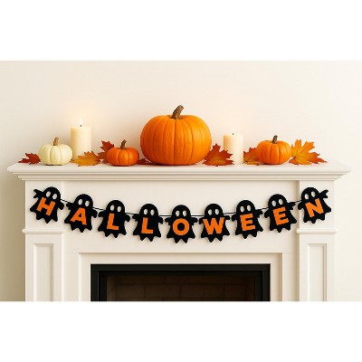 DIY Halloween Felt Ghost Garland Kit – Pre-Cut Black Ghosts with Orange “HALLOWEEN” Letters – Party & Home Décor