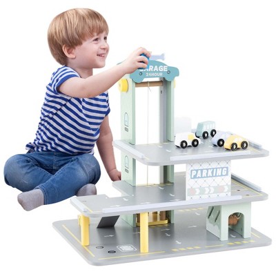 Costway 3-Tier Wooden Garage Playset with Working Elevator Helipad Ramp Car Wash Center