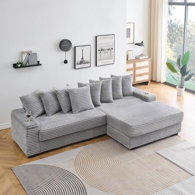Corduroy Sofa with Cup Holders and Storage Armrests,L-Shaped Sofa with Reversible Chaise and Pillows,4 Seat Sofa for Living Room-Coolbibila