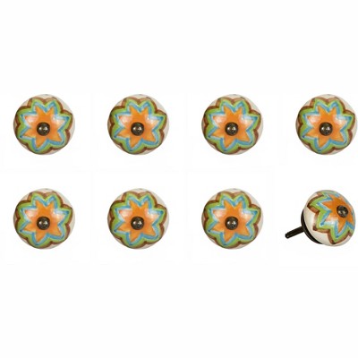HomeRoots Set of Eight Blue And Orange Ceramic And Metal Drawer Pull Knobs