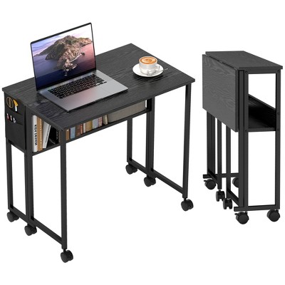HOMCOM Small Folding Desk, 31.5" Foldable Computer Desk with Storage Bag, Shelf and Wheels for Small Spaces, Home Office, Easy Assembly