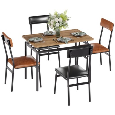 5-Piece Dining Table Set for 4, Wood & Metal Kitchen Dinner Table Set with 4 Upholstered Chairs, Modern Design and Space-Saving
