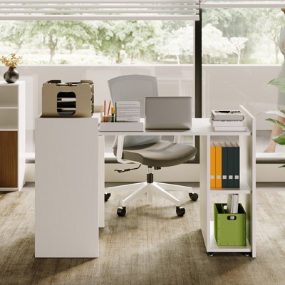50" Folding Computer Desk with Open Shelves, Farmhouse Home Office Desk with Wheels, Wooden Executive Desk for Living Room, Bedroom