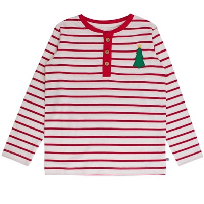 RuggedButts Toddler Boys Holiday Gingham Knit Long Sleeve Embroidered Henley Tee - Christmas Tree Red Stripe, 4T