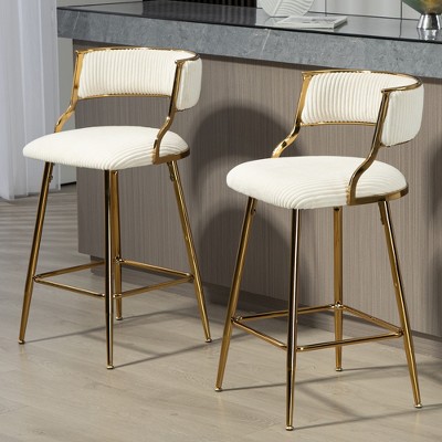 Set of 2 Modern 26" Counter-Height Bar Stools - Corduroy Upholstered Kitchen Island Stools with Backrest, Golden Chrome Base & Footrest