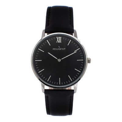 Peugeot Men's 40mm Black Dial Silver Super Slim Case Leather Strap Watch