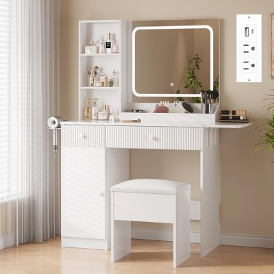 Makeup Vanity with Lighted Mirror & Cushioned Stool, Vanity Desk with Power Strip, Adjustable Lighting, Dressing Table with 2 Drawers for Bedroom