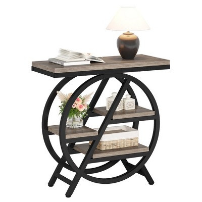 Zeus & Ruta 25.59" Modern Gray End Table with Geometric Metal Frame and 3-Tier Storage Shelves