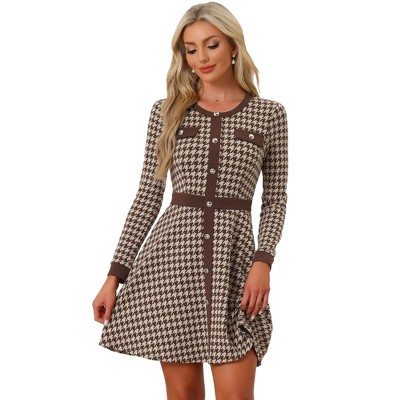 INSPIRE CHIC Women's Houndstooth Plaid Contrast Color Crew Neck Button Front Elegant A-Line Dress
