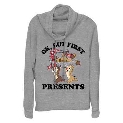 Junior's Chip 'n Dale But First Christmas Presents Cowl Neck Sweatshirt