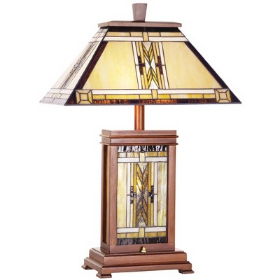 Robert Louis Tiffany Walnut Mission Rustic Table Lamp 27" Tall Wood with Nightlight Stained Art Glass Shade for Bedroom Living Room Bedside Nightstand