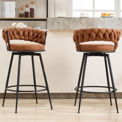 DYHOME 28 inch Bar Stools Set of 2, Modern Counter Height Bar Stools, 360° Swivel Suede Fabric Stool Chairs with Woven Back and Footrest