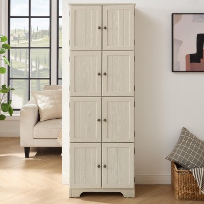 72.4" Tall Storage Cabinet Tall Storage Cabinet with 8 Doors and 4 Shelves, Bookshelf Living Room, Kitchen, Dining Room, Office Freestanding, White
