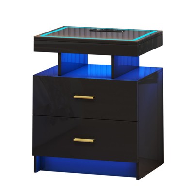 Fredees Nightstand with USB/Wireless Charging Station, Modern Bedside Table with Auto-Sensing RGB Lights